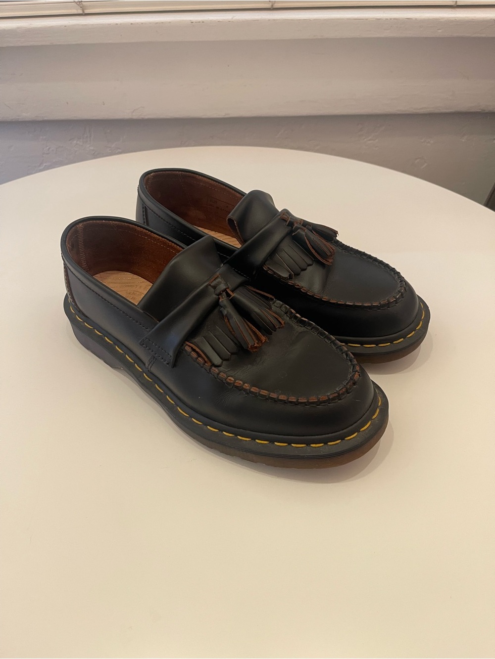 Unisex Dr. Martens Black Leather Tassel Loafers with Yellow Stitching